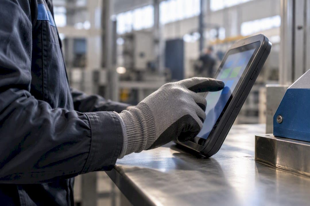 Gloved hand testing an industrial screen