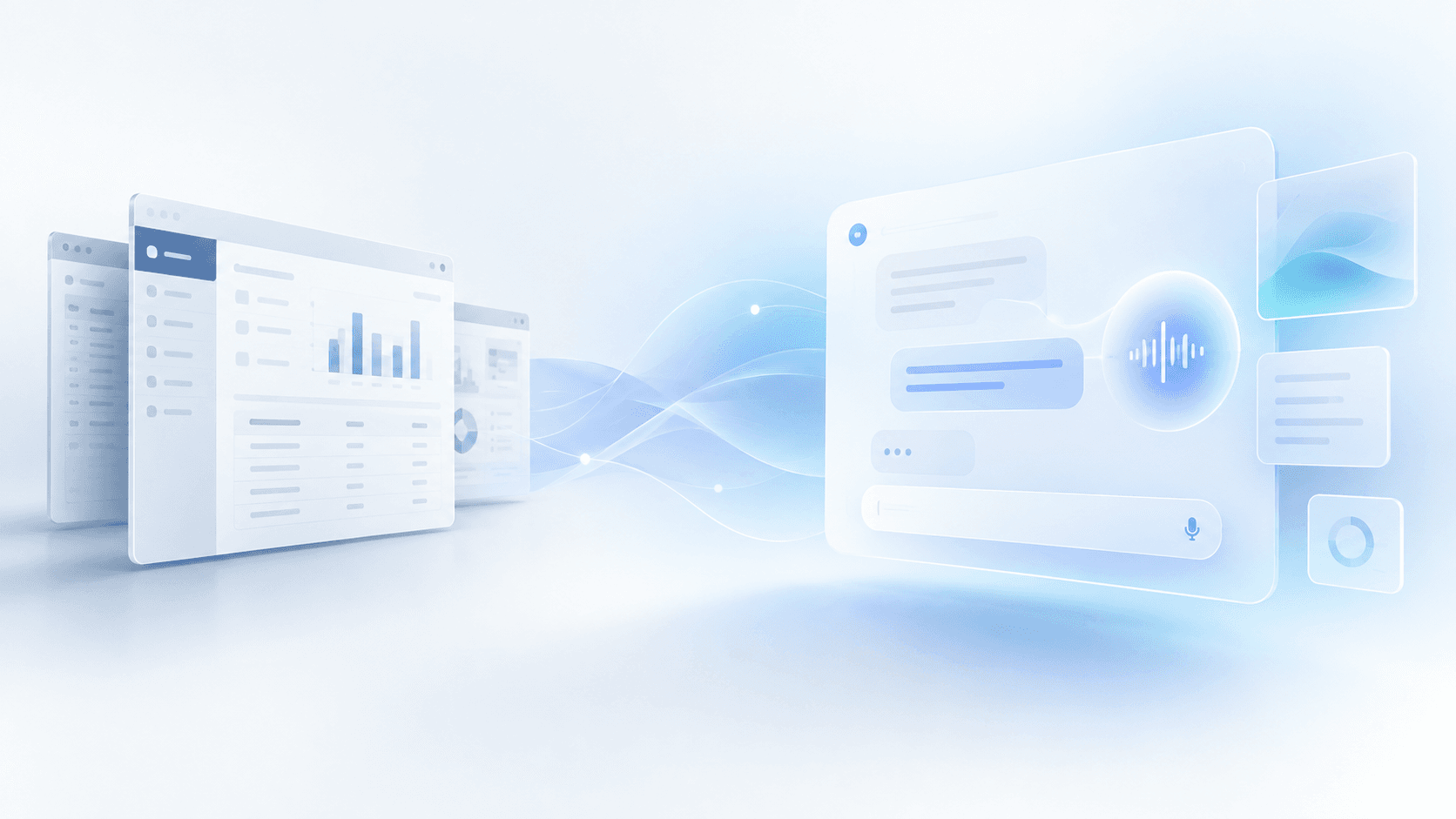 Traditional software interfaces connected by blue waves to a conversational AI interface, with voice controls and dynamic dashboards.
