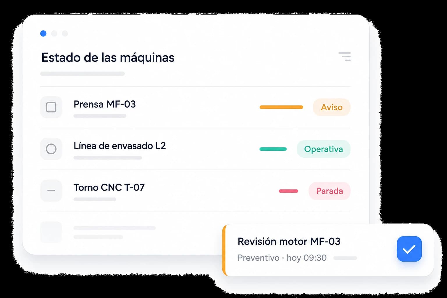 Machine status dashboard with maintenance alerts and a scheduled preventive inspection
